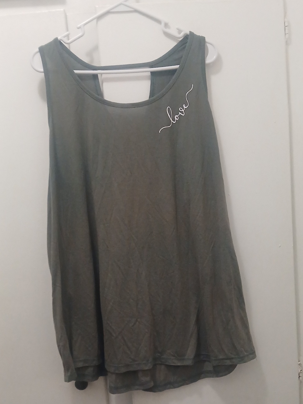 Sleeveless Swing Tank Top With 'Love' Detail - Olive Green
